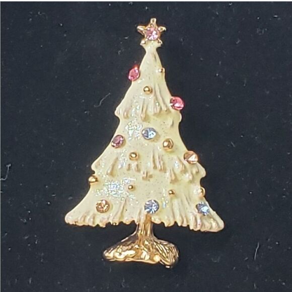 WINTER WHITE CHRISTMAS TREE BROOCH PIN - Picture 1 of 8